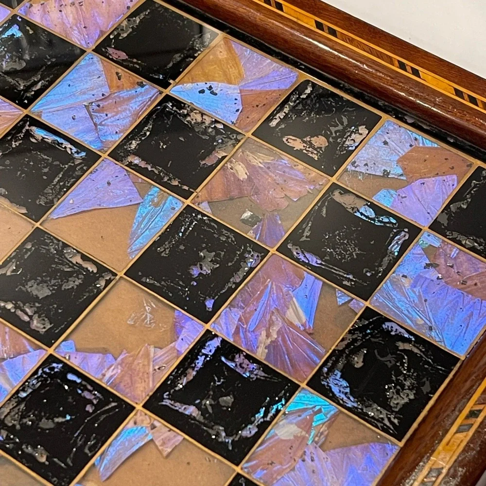 Vintage Chess Checker Board Rare Butterfly Wing Artwork Real inlaid wood BRAZIL - Picture 13 of 16